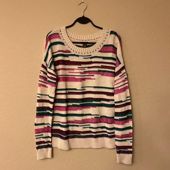 Copper Key Cream with Burgundy/Pink/Teal Stripes Knit Sweater - Picture 7 of 11